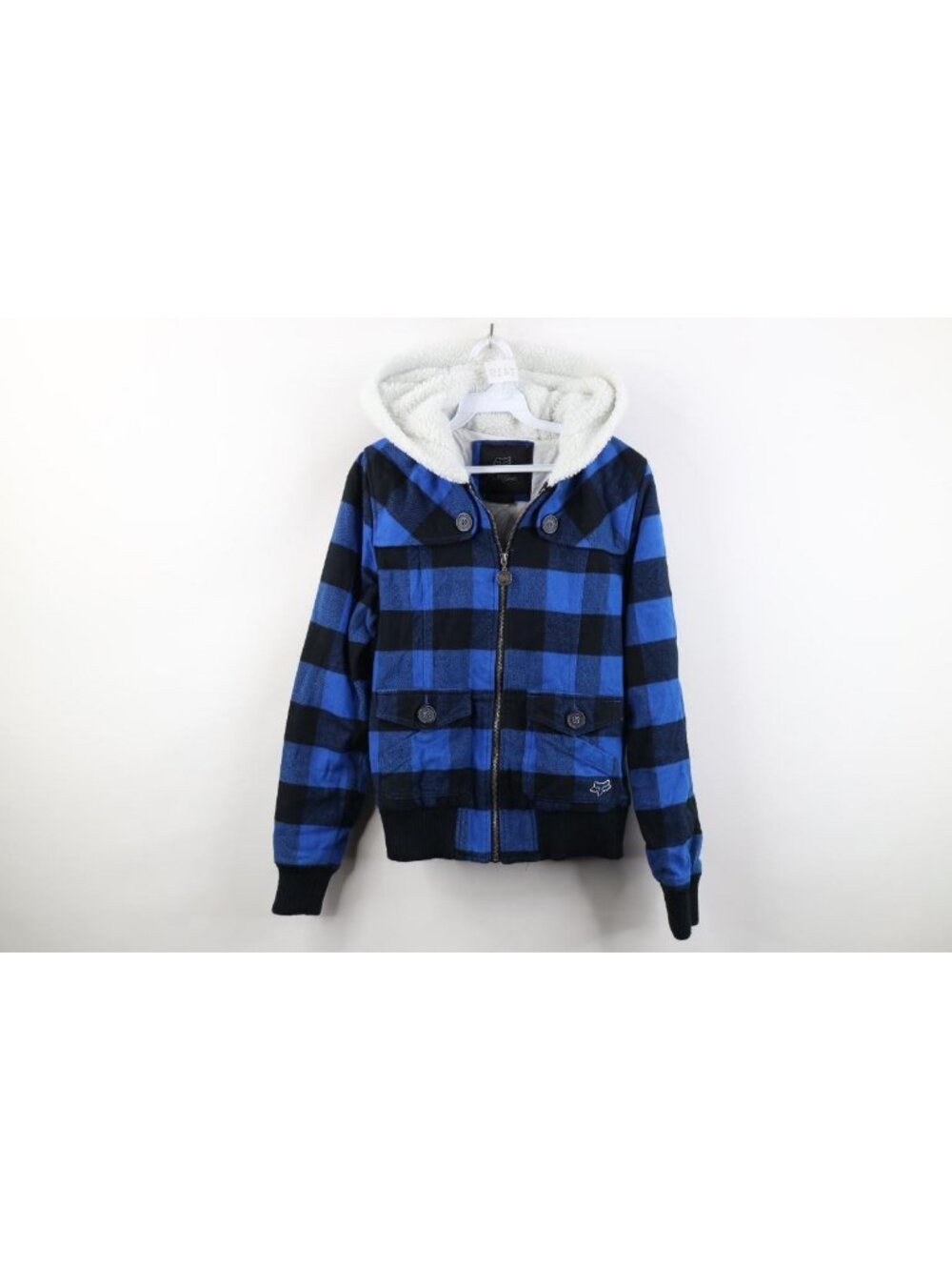 Vintage Fox Racing Womens Medium Sherpa Fleece Lined Flannel Hoodie Jacket Plaid